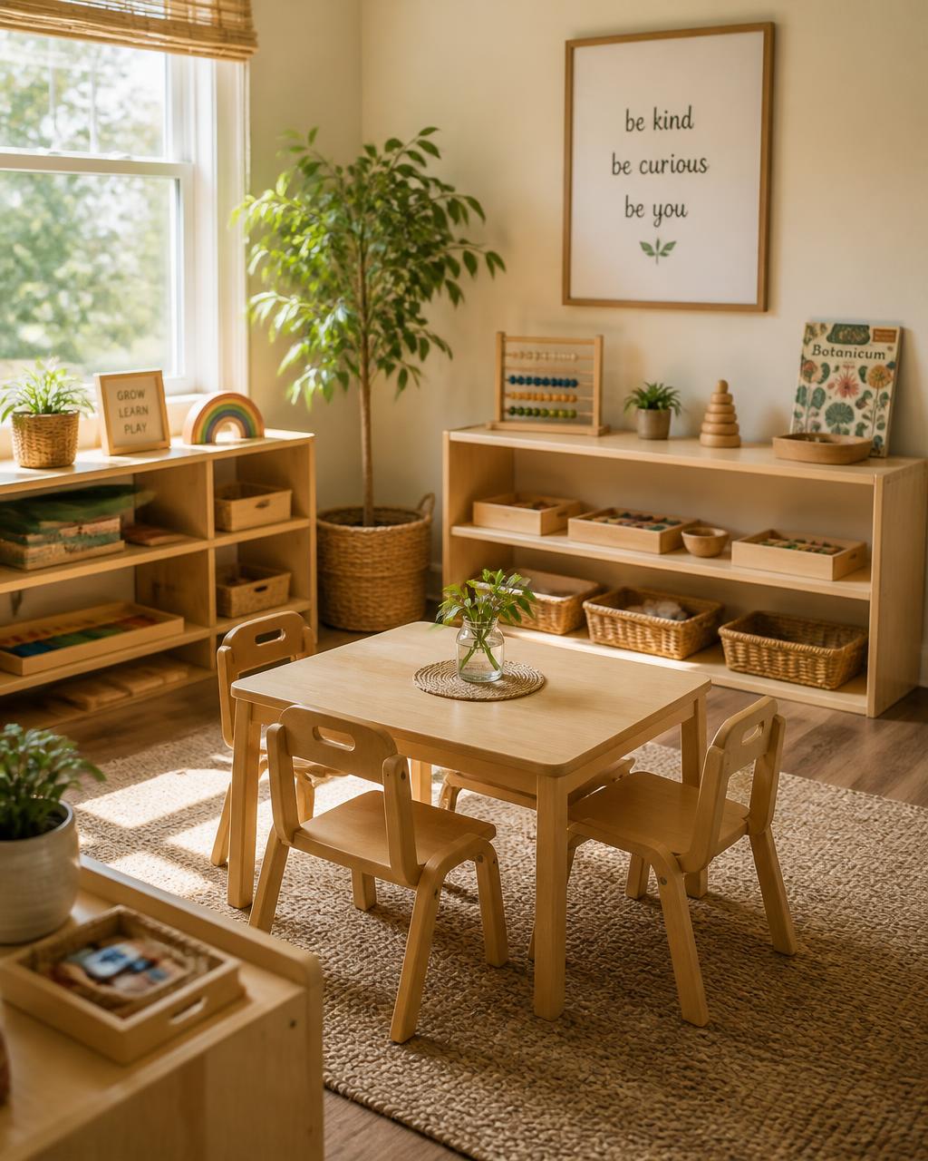 Sunlit Montessori-inspired in-home preschool classroom with wooden shelves, baskets of materials, and a child-sized table